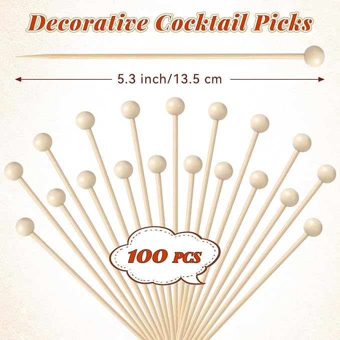 100 Pcs Ball Toothpicks, 5.3 Inch Balls Cocktail Picks for Appetizers, Round Bamboo Toothpicks, Wooden Decorative Toothpicks Skewers for Holiday Birthday Party Decorations (Ball)