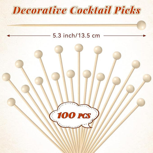 100 Pcs Ball Toothpicks, 5.3 Inch Balls Cocktail Picks for Appetizers, Round Bamboo Toothpicks, Wooden Decorative Toothpicks Skewers for Holiday Birthday Party Decorations (Ball)