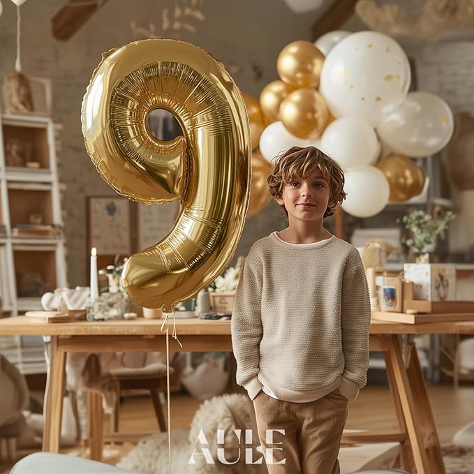 AULE 40 Inch Large 9 Balloon Numbers Light Gold, Big Foil Number Balloons, Giant Helium Happy Birthday Party Decorations for Man and Women, Huge Mylar Anniversary Party Supplies
