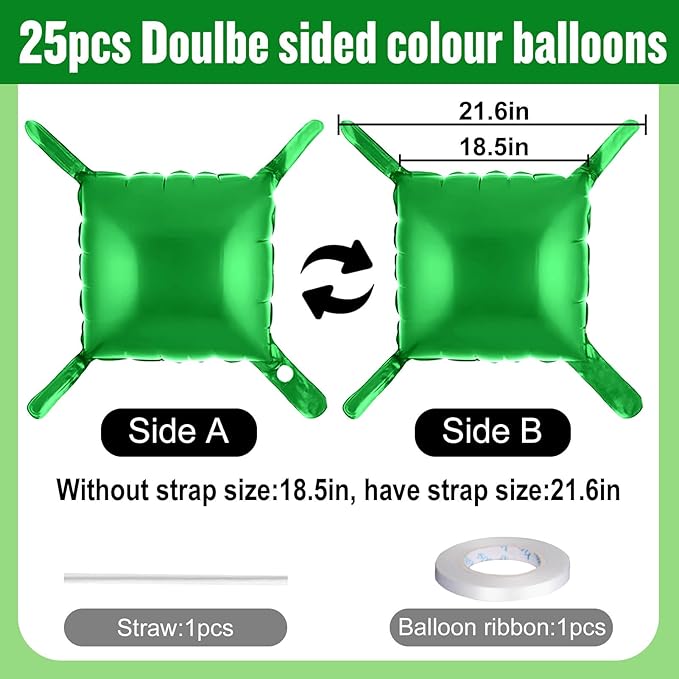 25Pcs Green Square Foil Balloons Wall Backdrop, Double Sided Metallic Foil Balloons Tunnel Arch Garland Kit for Photo Booth Birthday Wedding Graduation Halloween Party Decorations