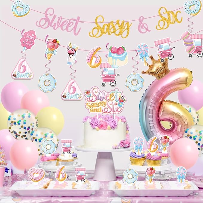 Sweet Sassy and Six Birthday Decorations for Girls - 6th Birthday With Donut Banner, Cake Topper, Foil Balloon for Ice Cream Party