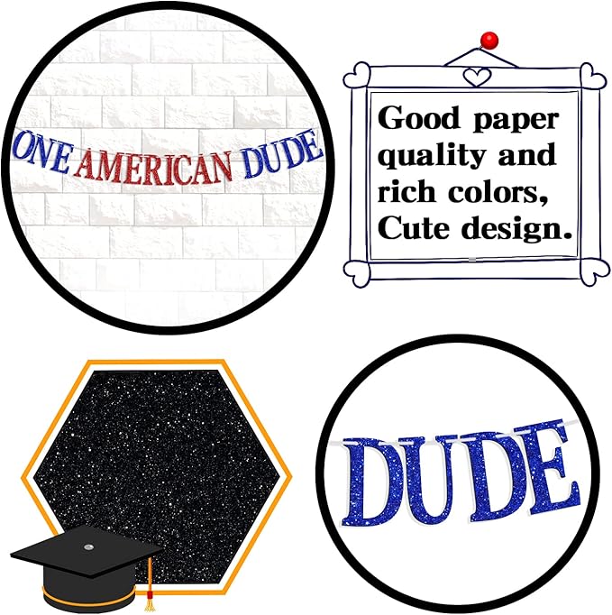 Glitter One American Dude Banner, Happy 4th of July Birthday Bunting Sign - Memorial Day Fourth of July Garlands - America Independent Day Celebration Party Decorations Supplies