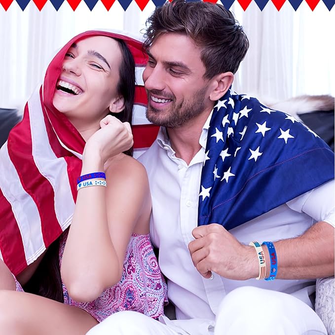 JUNEBRUSHS 42pcs 4th of July Party Favors Silicone Bracelets American Flag Red White and Blue Rubber Wristbands for Patriotic Independence Day Party Holiday Decorations Accessories Gift (6 Designs)