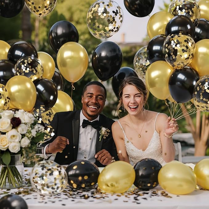 Black and Gold Balloons, 60PCS 12 Inch Metallic Gold and Black Confetti Balloons Black Latex Balloons and Gold Latex Balloons for Birthday Graduation Anniversary Wedding Party Decorations