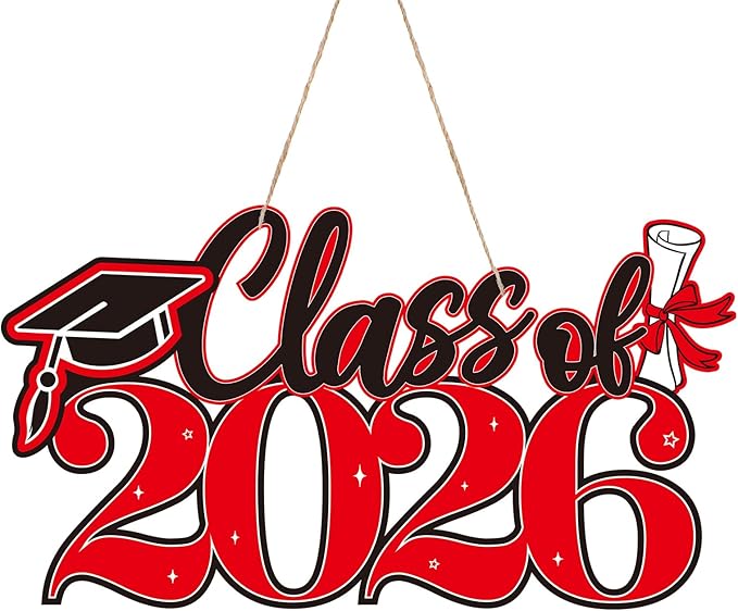 2026 Graduation Signs Decorations, 7 Pcs Class for 2026 Wooden Sign Graduation Party Photo Booth Prop, Wood Cutout High School College Graduation Ceremony Decor Supplies (Red & Black)
