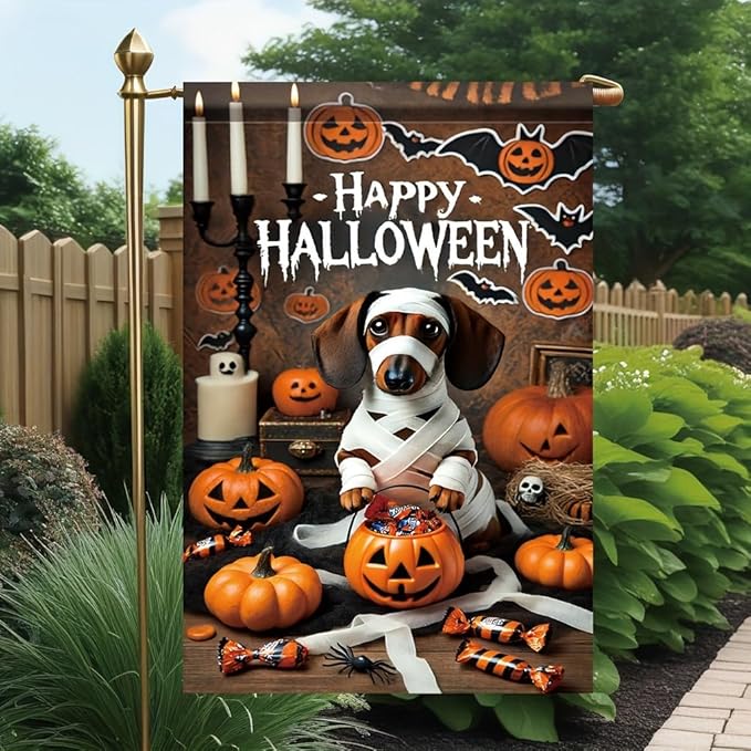 Halloween Garden Flag Dachshund Dog Mummy Pumpkin 12x18 Inch Double SidedOutdoor Yard Banner for Trick or Treat Haunted House Spooky Halloween Decoration Decor
