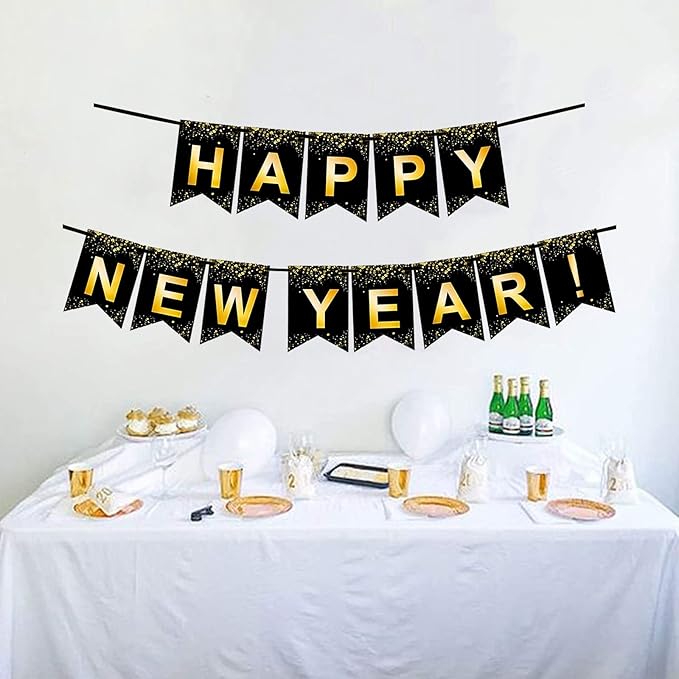 Fecedy Black Gold Happy New Year Banner for New year Party Decorations
