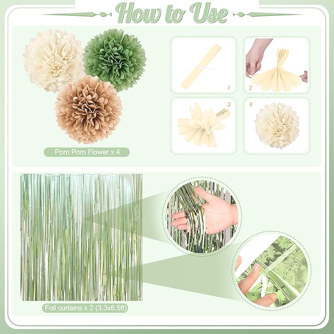 Sage Green Birthday Decorations, Neutral Green Gold Nude Party Décor with Foil & Latex Balloons Sash Fringe Curtains Happy Birthday Banner Cake Topper Paper Pompoms Party Decor for Women Girl