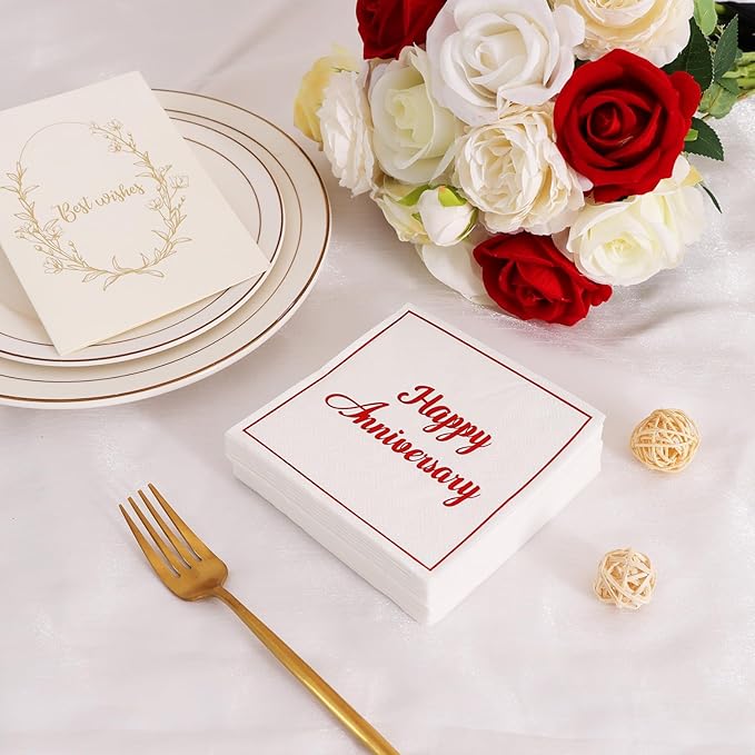 Vuzvuv 50 Pack Red Foil Happy Anniversary Decorations Cocktail Napkins - Wedding Dating Anniversaries Party Dinner Hand Napkin for Party Supplies Decorations Table Decor (5" Folded 2 Ply)