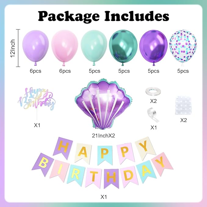 Mermaid Birthday Decoration for Girls,Metallic Purple Pink Green Blue Latex Balloons Seashell Foil Balloons Banner Cake Topper Mermaid Sea Decorations