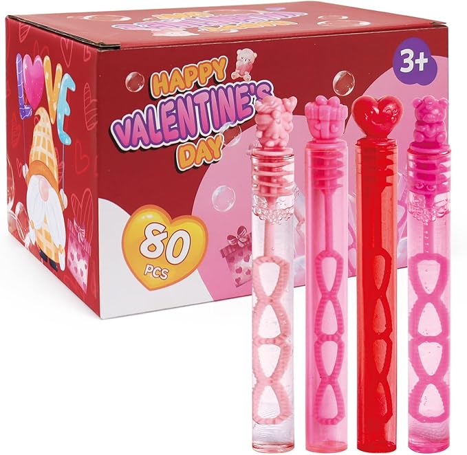 80PCS Valentines Day Bubble Wands, Mini Bubble Wands for Valentines Day Party Favors, Valentines Gift Toys for Girls Boys Kids Toddler Adults, Party Bag Stuffers Goodie Bag Filler, Classroom Prizes