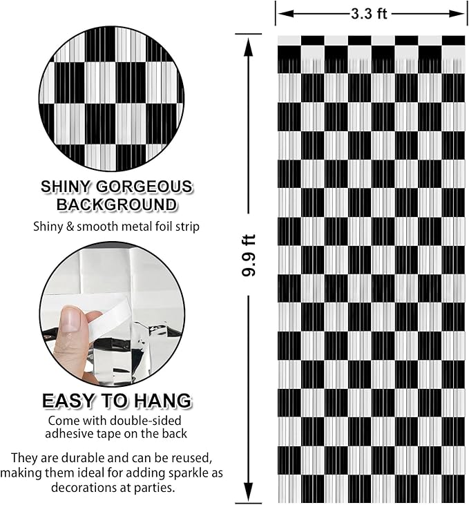 Crosize 2 Pack 3.3 x 9.9 ft Race Car Party Decorations Fringe Curtains, Black & White Tinsel Curtain Backdrop for Parties, Door Streamers, Glitter Streamer Backdrop for Birthday Decoration