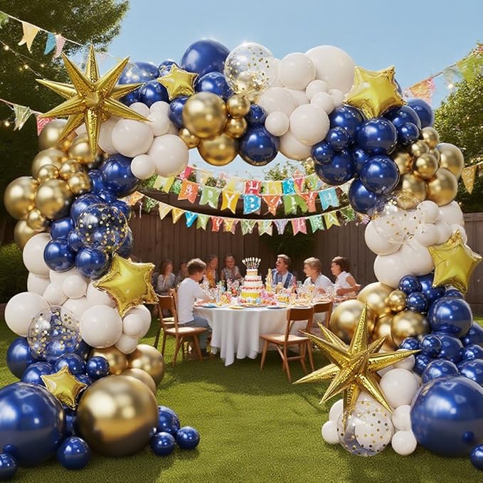 Navy Blue Gold Sand white Balloon Garland Arch Kit, Royal Blue White Metallic Gold Confetti Mixed Sizes Balloons for Anniversary Baby Shower Wedding Birthday Party Decorations
