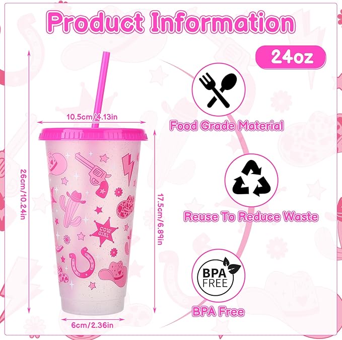 12 Pcs Western Cowgirl Cups with Lids and Straws 24 oz Cowgirl Party Favors Drinking Cups for Valentine's Day Western Party Favors Wedding Birthday Party Supplies