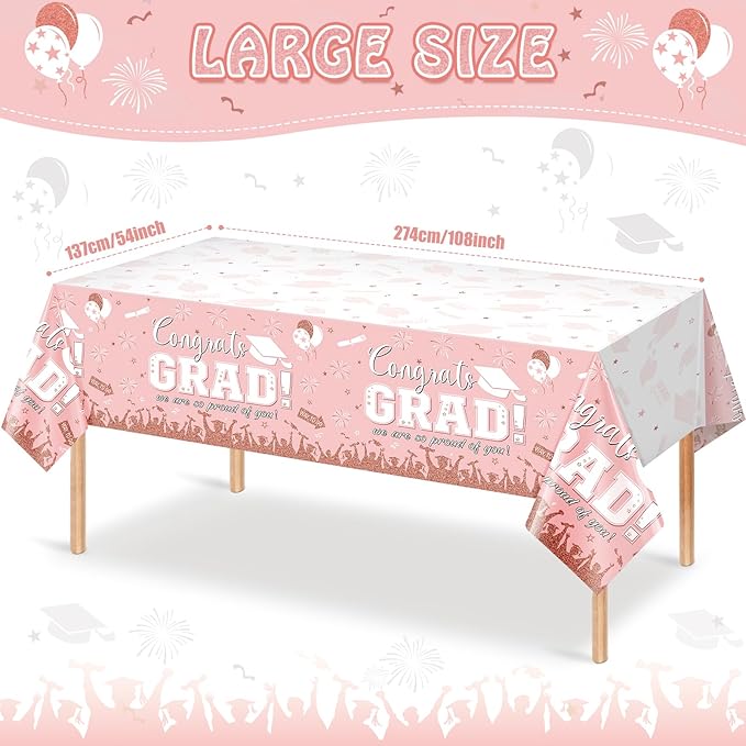 12 Pack Graduation Tablecloth Party Decorations, Class of 2026 Congrats Grad Plastic Tablecover Party Supplies, Pink Rectangle Graduation Table Decorations for College High School Party, 54 x 108 Inch