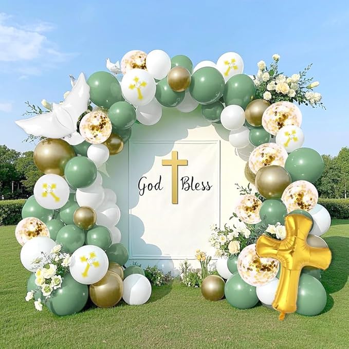 132Pcs First Holy Communion Green Balloon Garland Arch Kit God Bless Baptism Decoration Christian Religious Decor Cross Dove Balloon Girl Mi Bautizo Christening Birthday Baby Shower Party Supplie