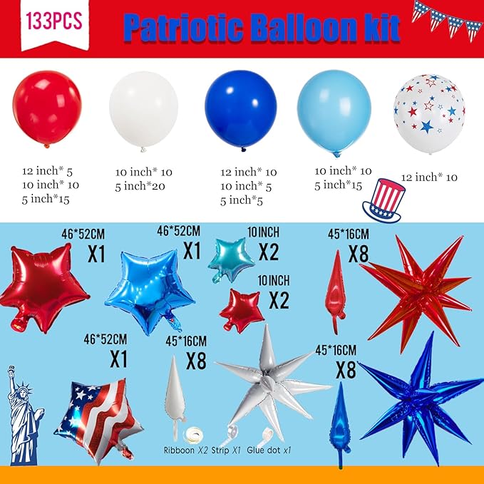 Patriotic balloons Red White and Blue balloon garland arch kit 130+pcs with star print and flag mylar balloon for 4th of july independent day party veterans day decorations