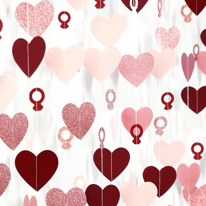 Rose-Gold Pink Burgundy-Red Heart-Ring Garland - 52Ft Engagement Bachelorette Party Decorations Wedding Paper Streamers Banner, Valentines Day Galentines Proposal Decor Lasting Surprise