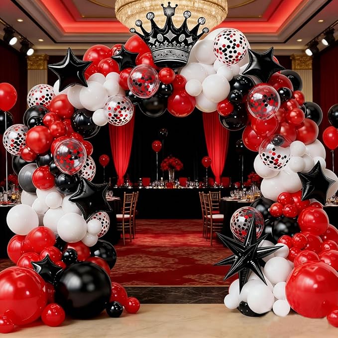 Black and Red White Balloon Garland kit,Red Black Confetti Crown star Foil balloons for Birthday Party anniversary wedding graduation