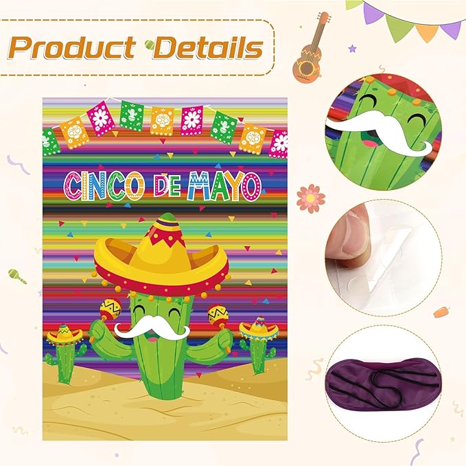 AUGSUN Mexican Fiesta Party Games Pin Tail Game Poster Large Cinco De Mayo Game with Stickers and Blindfolds for 5 De Mayo Mexican Themed Fiesta Party Supplies Family Activities Decorations