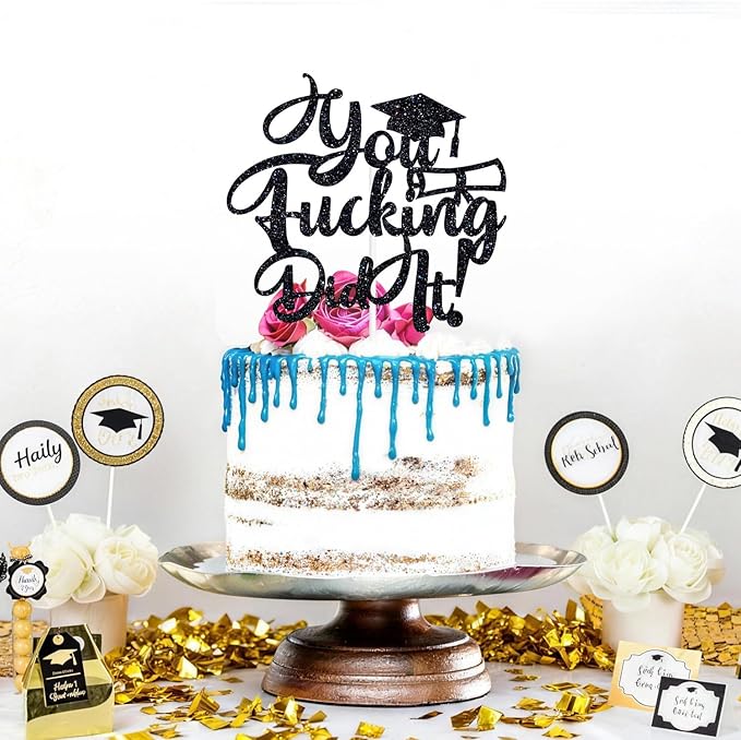 You Did It Cake Topper, Congrats Grad/So Proud of You, Congratulations, Class of 2026 College University Graduation Party Decorations, Black Glitter