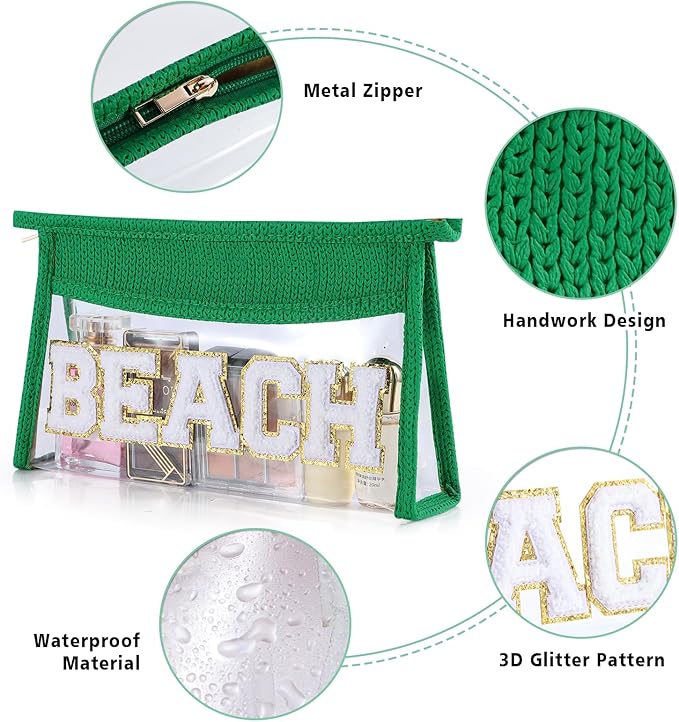 Beach Pouch Sunscreen Clear Makeup Bag Chenille Letter Beach Cosmetic Pouch Summer Essential Cute Toiletry Pouch Travel Accessories Gifts for Women