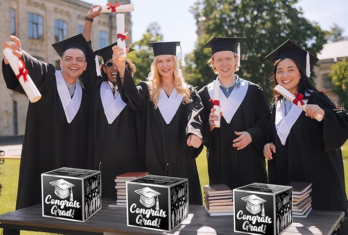 JWSCYSY Graduation Card Box Holder, Congrats Grad Foldable Cardboard Decorations Box for Graduation Party Favors Decor Party Supplies (Black Silver)