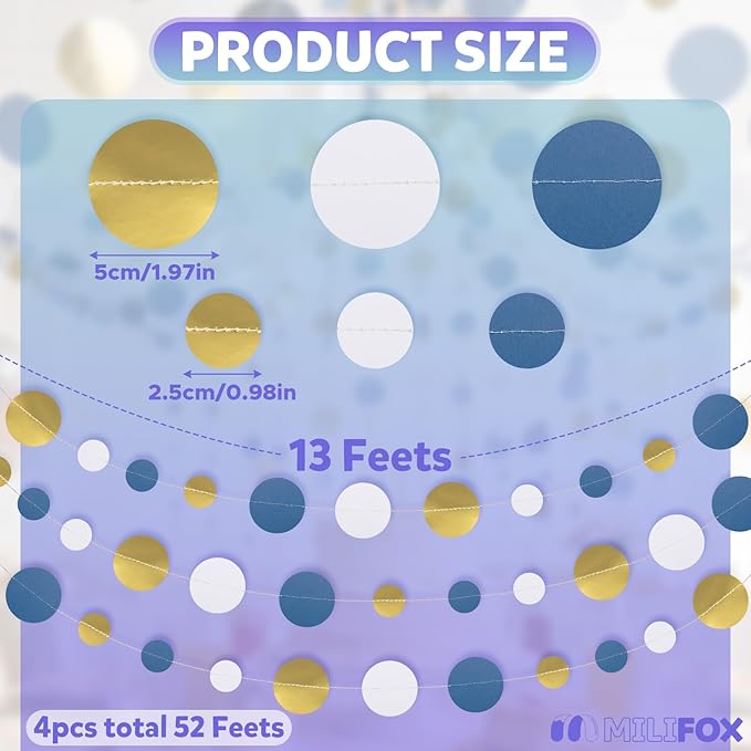 52FT Party Garlands, Paper Garland Circle Dots, Hanging Circle Banner Decorations for Birthday, Party, Wedding, Baby Shower, Graduations, Christmas, Wall Decor (Gold White Blue Garlands)
