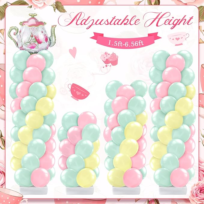 Kasyat 2 Set Tea Party Decorations Balloon Column with Adjustable Balloon Stand Kit, Teapot Balloons for Spring Bridal Shower Wedding Birthday Garden Party, Pastel Macaron Arch Supplies