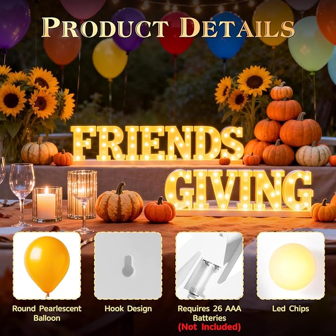 54 Pcs Friends Giving Party Decorations, Light up Letters Sign with 40 Round Pearlescent Balloons, Led Marquee Lights Table Decoration for Friends Themed Party Birthday Galentines Decor Thanksgiving