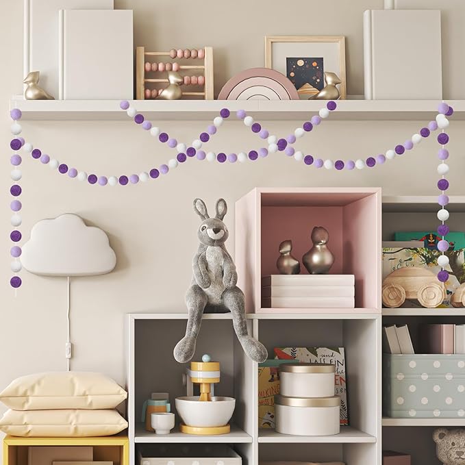 Boao 2 Pieces Wool Felt Ball Garland Colorful Pom Pom Garland Handmade 6.5 Feet Long 24 Balls Felt Banner for Wall Christmas Tree Decoration (Purple,White)