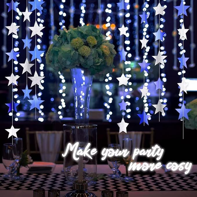 Blue Silver Glitter Star Garland Hanging Decorations, Streamer Bunting Banner Decorations,65 Feet, Twinkle Star Backdrop for Graduation, Birthday, Wedding, Christmas Party, New Year(Blue Silver)