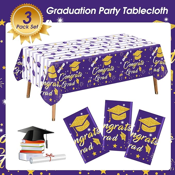 Graduation Tablecloth Party Decorations 2026, 3 Pack Purple Large Size 54"x108" Congrats Grad Disposable Rectangle Table Covers Plastic Table Cloth for College High School Class of 2026 Party Supplies
