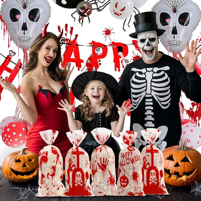 100 PCS Halloween Cellophane Treat Bags(5x11 Inch) with Ties Horror Ghost Blood Theme Trick or Treat Bag Goodie Candy Gifts Bags Pouches for Halloween Wicked Party Favors Supplies Birthday Decorations