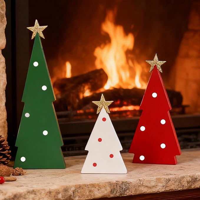 Christmas Decorations Indoor, 3PCS Christmas Trees Decorations Table Shelf Decor Wooden Sign Centerpieces with Glitter Star for Home Office Mantel Tabletop Fireplace Party Decor