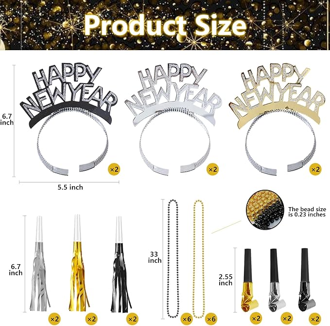 IMISHM New Year Party Favors Kit Happy New Year party supplies Include Headbands Beaded Necklaces Horns Blowouts NYE Party Supplies for Guests Celebrations Photo Props