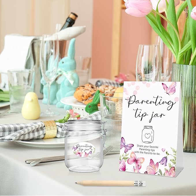 Roowest Baby Shower to Baby Advice Cards for New Parents to Be - Tip Jar Sign for New Parents 60 Parenting Advice Cards 10 HB Pencils 2 Cute Stickers 1 Pet Bottle for Guests Games(Butterfly)
