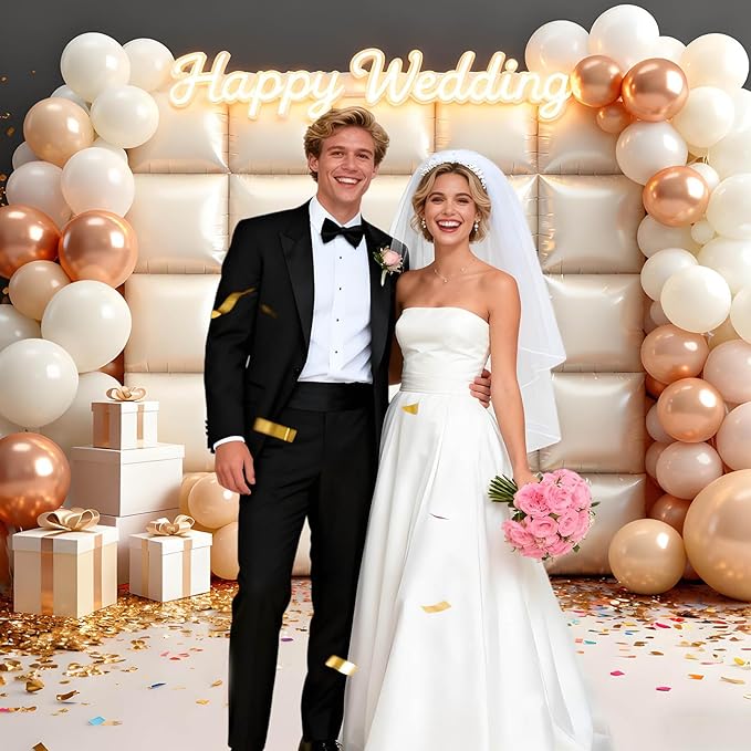 25Pcs Cream White Square Foil Balloons Wall Backdrop, Double Sided Metallic Foil Balloons Tunnel Arch Garland Kit for Photo Booth Birthday Wedding Graduation Halloween Party Decorations