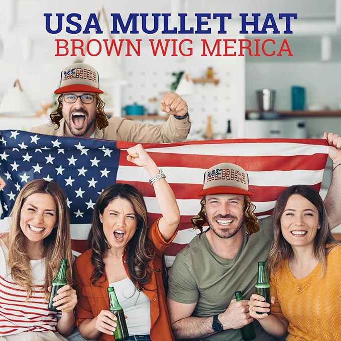 HandinHandCreations USA Mullet Hat Brown Wig Merica 4th of July All American Costume One Size Fits Adult - Cotton Hat