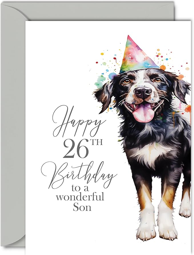 26th Birthday Cards for Son - Party Dog - Happy Birthday Card for 26 Year Old Son from Dad Mom, A5 Bday Men Man Him Greeting Cards Gift for Son Birthday Gifts