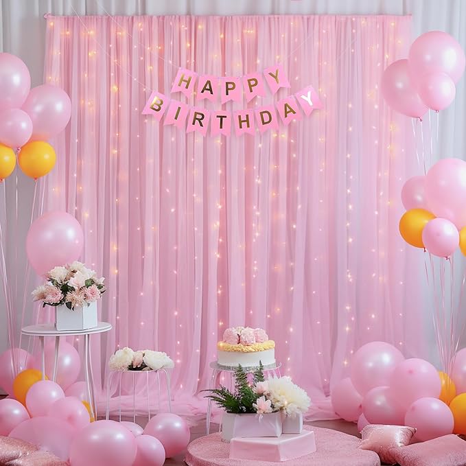 10ft x 10ft Pink Backdrop Curtain with Lights String for Parties, Sheer Tulle Wedding Photo Backdrops Drapes for Baby Shower Birthday Party Decorations Background for Photography