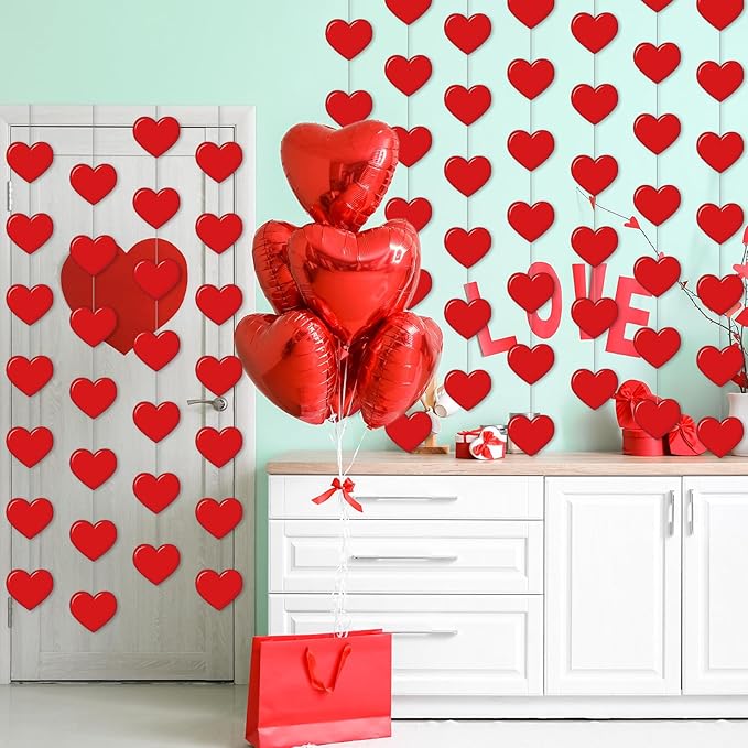 Capoda 8 Pcs Valentines Heart Garland Decorations Burgundy Red Heart Garland Banners Hanging Decor for Sweet Day Birthday Party Wedding Anniversary Party Supplies