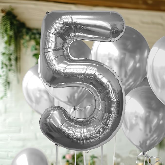 40 Inch Large Silver Number Celebration and Decoration Balloon for Birthday Parties, Graduations, Anniversaries, Weddings, Photo Shoots, Special Events - Helium Foil (Silver Number 5)