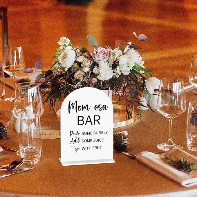 Baby in Bloom Shower Decorations, Baby Shower Sign, Newborn Gifts, Mom-Osa Bar Signs, Modern Calligraphy Arched Acrylic Table Top Signs With Stand for Birthday Party Decorations (White)