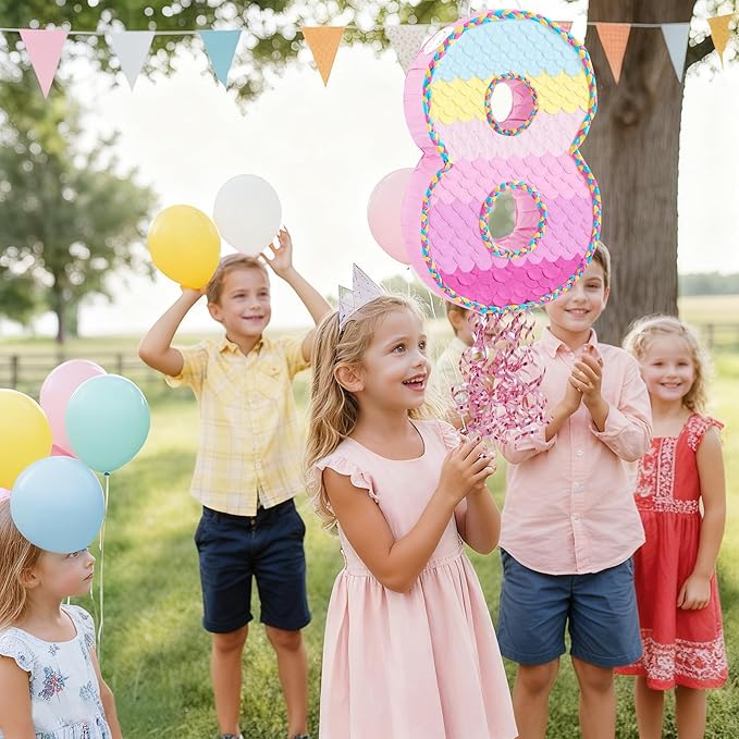 WERNNSAI Number 8 Piñata – Pink 8th Birthday Party Decorations Rainbow Ombre Eight Piñata for kids girls with Blindfold and Stick for 8 Year Birthday Supplies Princess Anniversary Decoration