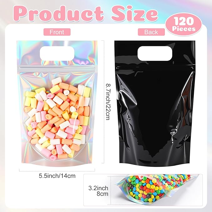 120 Pcs Plastic Gift Bag Bulk 5.5 x 8.7 Inch Resealable Party Goodie Bag with Clear Window Color Favor Pouch with Handle for Home Birthday Wedding Party Candy Gift Wrap Supply (Black)