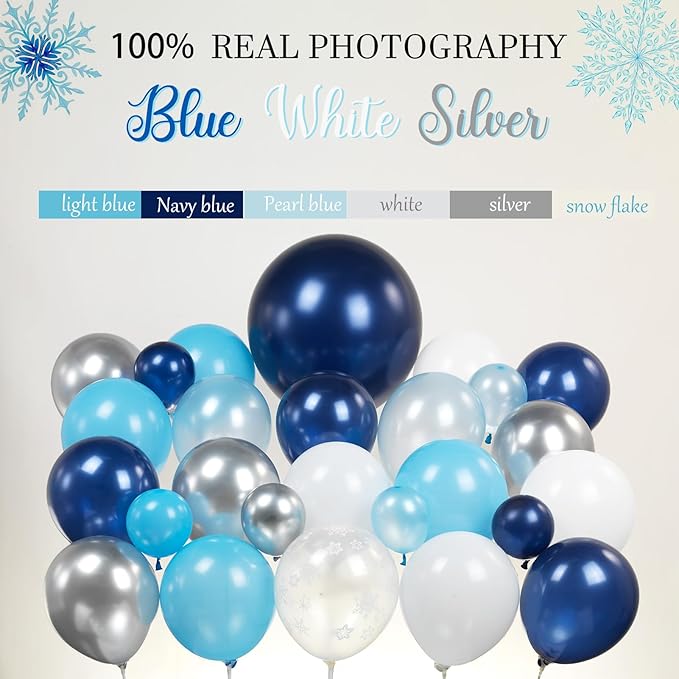 Winter wonderland balloon garland arch kit 140pcs Navy Blue White Silver with mylar snowflake star balloons for winter 1st birthday Boy baby shower snow queen Merry Christmas theme party decorations
