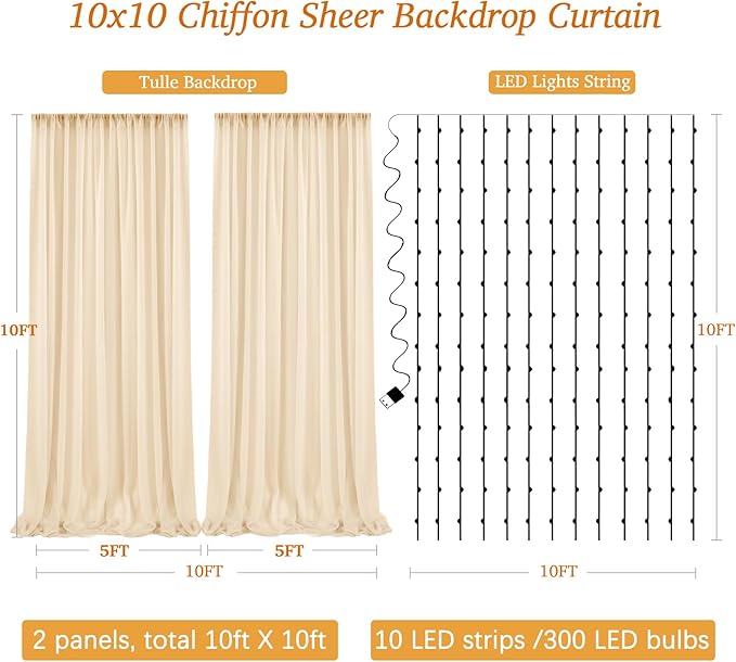 10ft x 10ft Champagne Chiffon Backdrop Curtain with Lights String for Parties,2 Panels Sheer Chiffon Curtain Wedding Backdrop with Lights for Baby Shower Birthday Ceremony Reception Home Decorations
