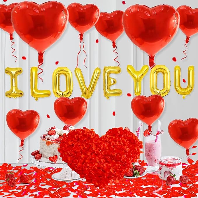 2 set 16 inch I Love You Balloons and Heart Balloon with 500 Pieces Rose Petals, Gold I Love You Letter Balloons for Him/Her Valentines Day Decorations Wedding Anniversary Engagement