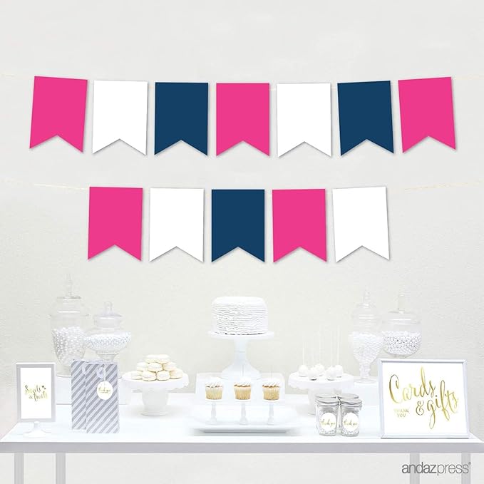 Andaz Press Hanging Pennant Banner with String, Fuchsia, White, Navy Blue, 1-Set, 24 Pennants, Approx. 12-Feet Long